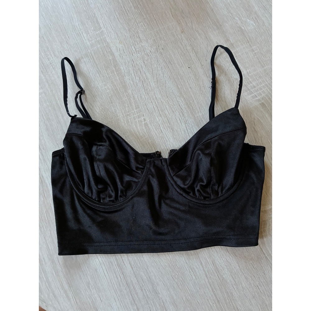 Adika Black Satin Corset Crop Top Bustier Underwire Zipper Back Womens Size M
